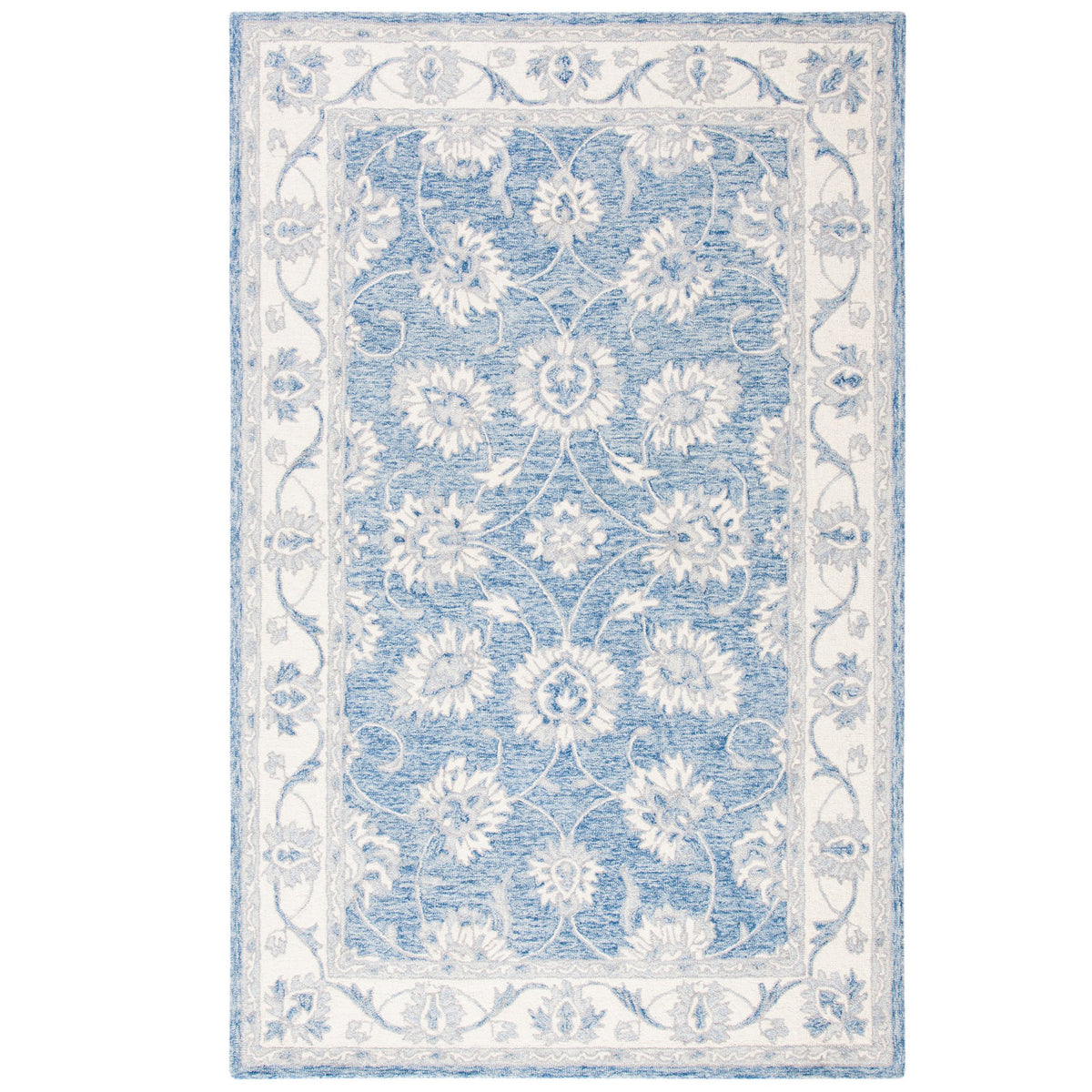 Area Rug, 5 ft x 8 ft in Ivory and Blue Hand-Woven Wool and Cotton