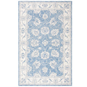 Area Rug, 5 ft x 8 ft in Ivory and Blue Hand-Woven Wool and Cotton