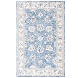 Area Rug, 5 ft x 8 ft in Ivory and Blue Hand-Woven Wool and Cotton