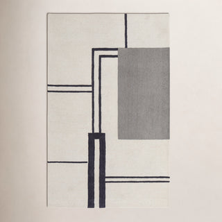 Area Rug, 5 ft x 8 ft in Wool and Nylon with Ivory, Gray and Black Abstract Pattern
