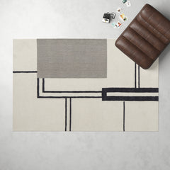 Area Rug, 5 ft x 8 ft in Wool and Nylon with Ivory, Gray and Black Abstract Pattern