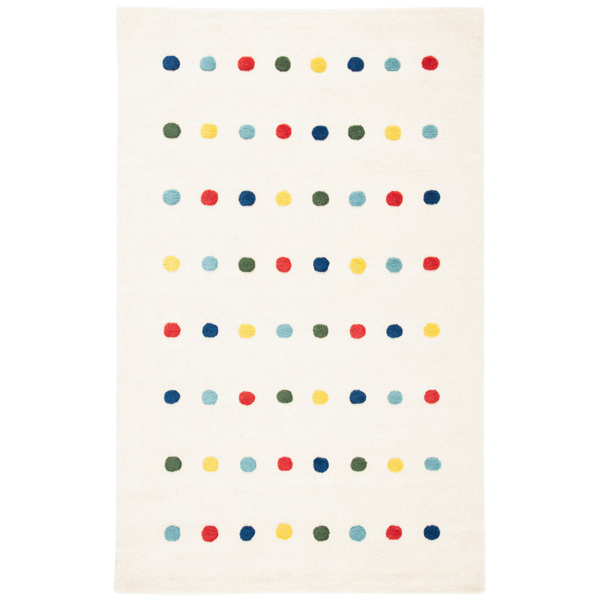Area Rug, 5 ft x 8 ft, Ivory with Red and Blue Polka Dots