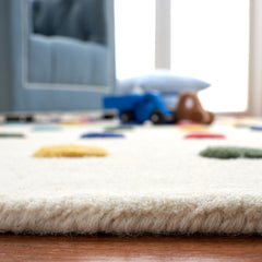 Area Rug, 5 ft x 8 ft, Ivory with Red and Blue Polka Dots