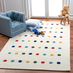 Area Rug, 5 ft x 8 ft, Ivory with Red and Blue Polka Dots