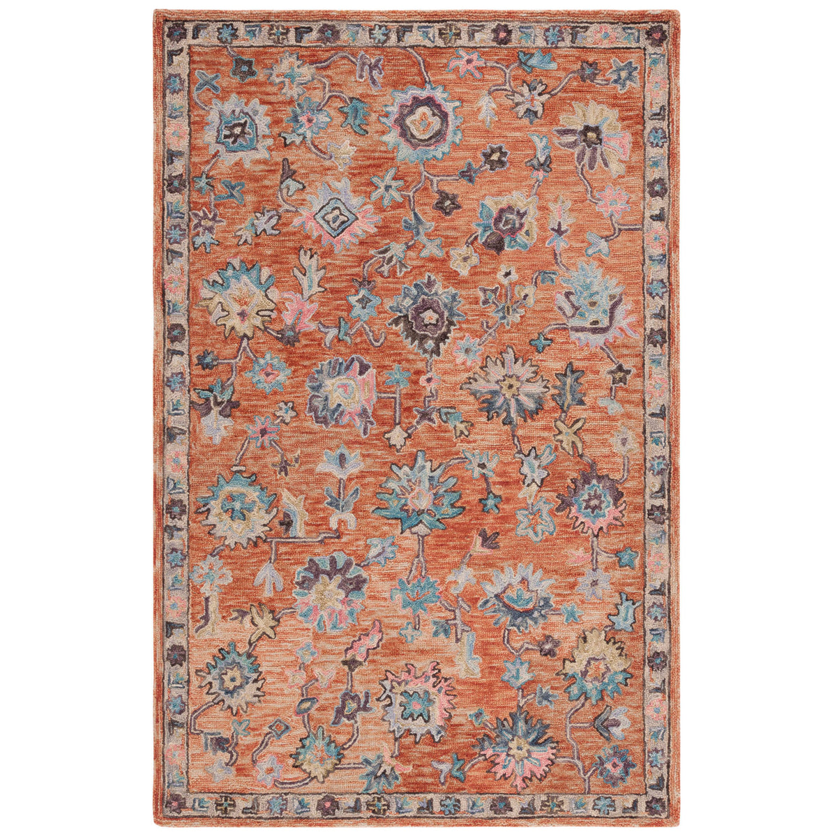 Area Rug, 5 ft x 8 ft, Rust and Blue Hand Woven Cotton and Wool