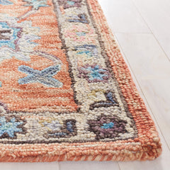 Area Rug, 5 ft x 8 ft, Rust and Blue Hand Woven Cotton and Wool
