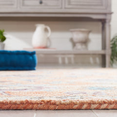 Area Rug, 5 ft x 8 ft, Rust and Blue Hand Woven Cotton and Wool