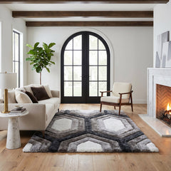 Area Rug, 5 x 7 Ft, Polyester with Geometric Pattern in White/Gray/Black