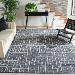 Area Rug, 5' x 8', Black Wool with Geometric Pattern