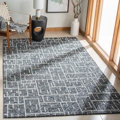 Area Rug, 5' x 8', Black Wool with Geometric Pattern