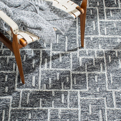 Area Rug, 5' x 8', Black Wool with Geometric Pattern