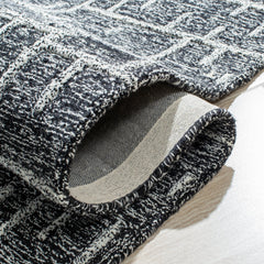 Area Rug, 5' x 8', Black Wool with Geometric Pattern