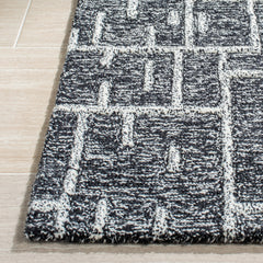 Area Rug, 5' x 8', Black Wool with Geometric Pattern