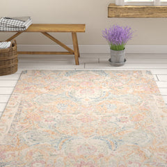 Area Rug, 5 x 8 Ft, Hand-Woven Wool with Ivory and Sage Floral Pattern
