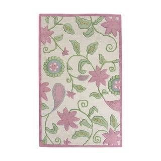 Area Rug, 5 x 8 ft, Pink and Ivory Floral in Wool and Cotton