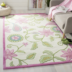 Area Rug, 5 x 8 ft, Pink and Ivory Floral in Wool and Cotton