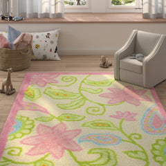 Area Rug, 5 x 8 ft, Pink and Ivory Floral in Wool and Cotton