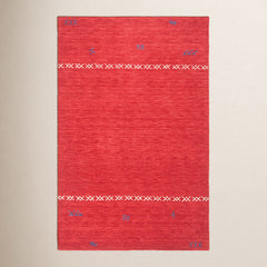 Area Rug, 5 x 8 Ft, Red Wool with Geometric Pattern