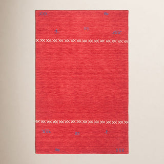 Area Rug, 5 x 8 Ft, Red Wool with Geometric Pattern