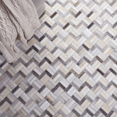 Area Rug, 5' x 8' Rectangle Cowhide, Chevron, Black and Gray