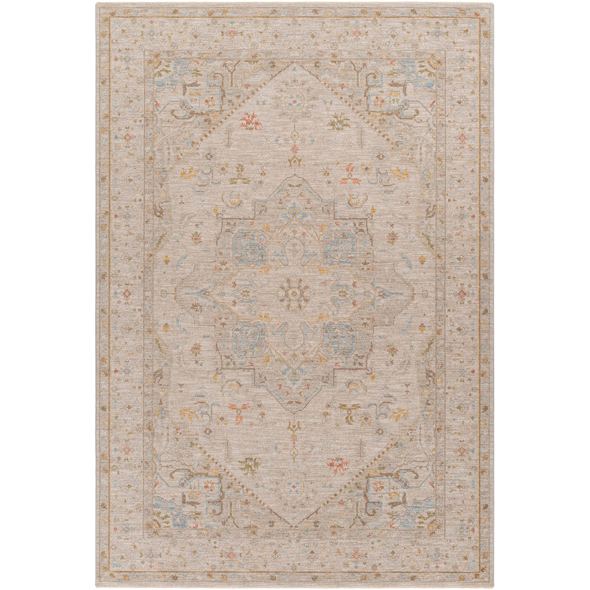 Area Rug, 6'7" x 9'6", Tan Oriental Polyester with Fringe