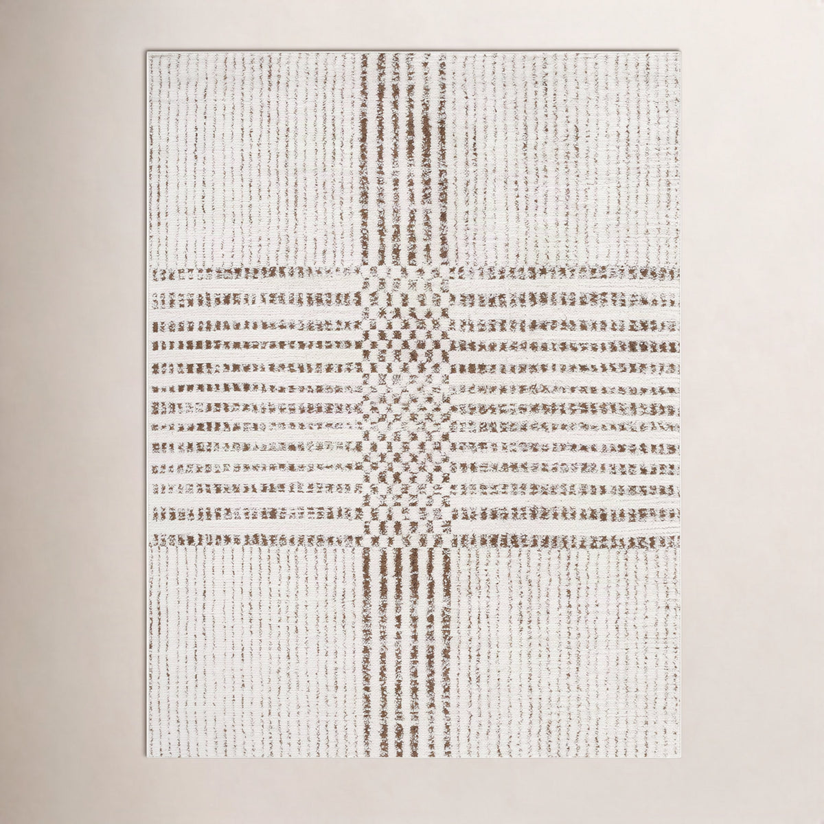 Area Rug, 6'7" x 9', Polyester in Ivory and Dark Brown