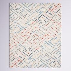 Area Rug, 6 ft by 9 ft, Ivory and Blue Wool with Abstract Pattern