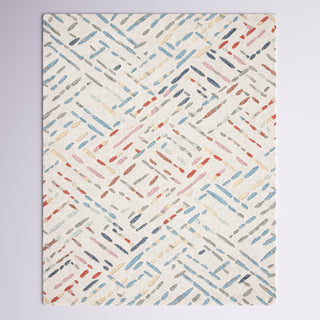 Area Rug, 6 ft by 9 ft, Ivory and Blue Wool with Abstract Pattern