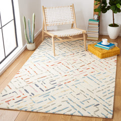 Area Rug, 6 ft by 9 ft, Ivory and Blue Wool with Abstract Pattern