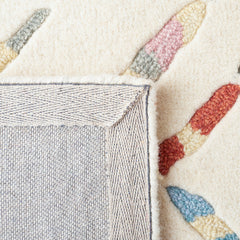 Area Rug, 6 ft by 9 ft, Ivory and Blue Wool with Abstract Pattern
