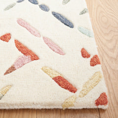 Area Rug, 6 ft by 9 ft, Ivory and Blue Wool with Abstract Pattern