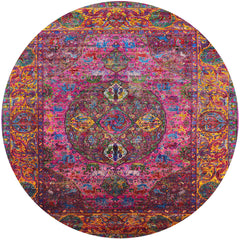 Area Rug, 6 Ft Round, Red Polyester Chenille with Moroccan Pattern