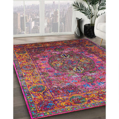 Area Rug, 6 Ft Round, Red Polyester Chenille with Moroccan Pattern