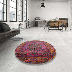 Area Rug, 6 Ft Round, Red Polyester Chenille with Moroccan Pattern