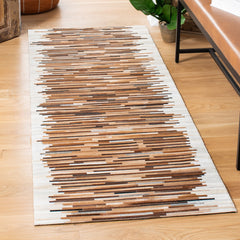Area Rug, 6 ft Square, Brown and Ivory Wool and Leather with Abstract Pattern