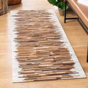 Area Rug, 6 ft Square, Brown and Ivory Wool and Leather with Abstract Pattern