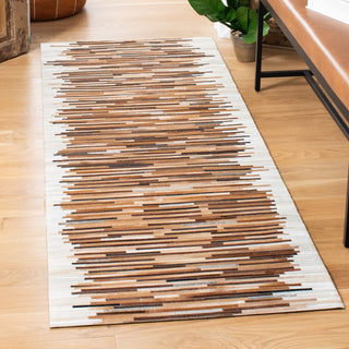 Area Rug, 6 ft Square, Brown and Ivory Wool and Leather with Abstract Pattern