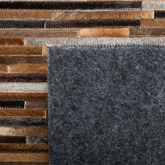 Area Rug, 6 ft Square, Brown and Ivory Wool and Leather with Abstract Pattern