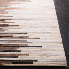 Area Rug, 6 ft Square, Brown and Ivory Wool and Leather with Abstract Pattern