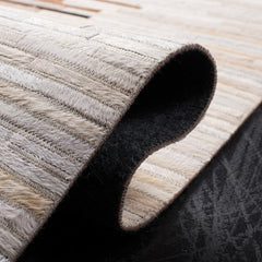 Area Rug, 6 ft Square, Brown and Ivory Wool and Leather with Abstract Pattern