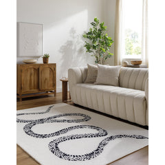Area Rug, 6 ft x 9 ft, Black and Cream Wool with Animal Print