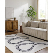 Area Rug, 6 ft x 9 ft, Black and Cream Wool with Animal Print