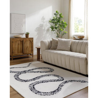 Area Rug, 6 ft x 9 ft, Black and Cream Wool with Animal Print