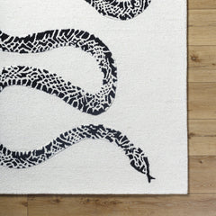 Area Rug, 6 ft x 9 ft, Black and Cream Wool with Animal Print
