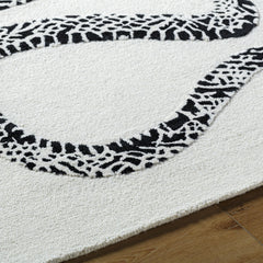 Area Rug, 6 ft x 9 ft, Black and Cream Wool with Animal Print