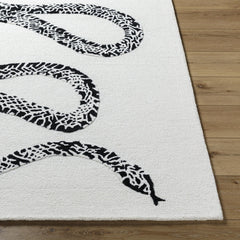 Area Rug, 6 ft x 9 ft, Black and Cream Wool with Animal Print