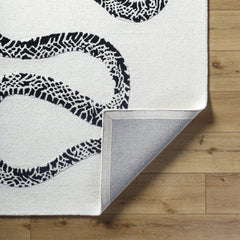 Area Rug, 6 ft x 9 ft, Black and Cream Wool with Animal Print