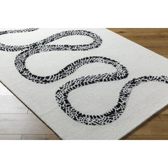 Area Rug, 6 ft x 9 ft, Black and Cream Wool with Animal Print