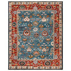 Area Rug, 6 ft x 9 ft, Hand Knotted Wool in Red and Blue