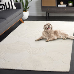 Area Rug, 6 ft x 9 ft, Hand Woven Ivory Wool with Abstract Pattern